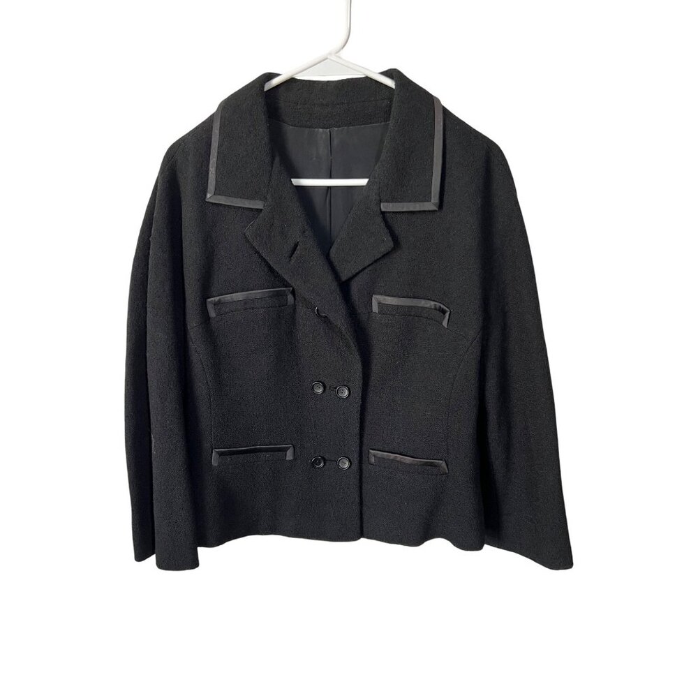 Vintage Frank Gallant Vintage Black Wool Cropped Jacket W/ Satin Trim & Double B